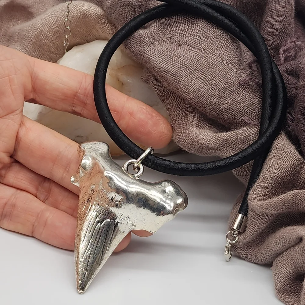 Large Heavy Silver Plated Shark Tooth Big Pendant Black Cord Necklace Gift